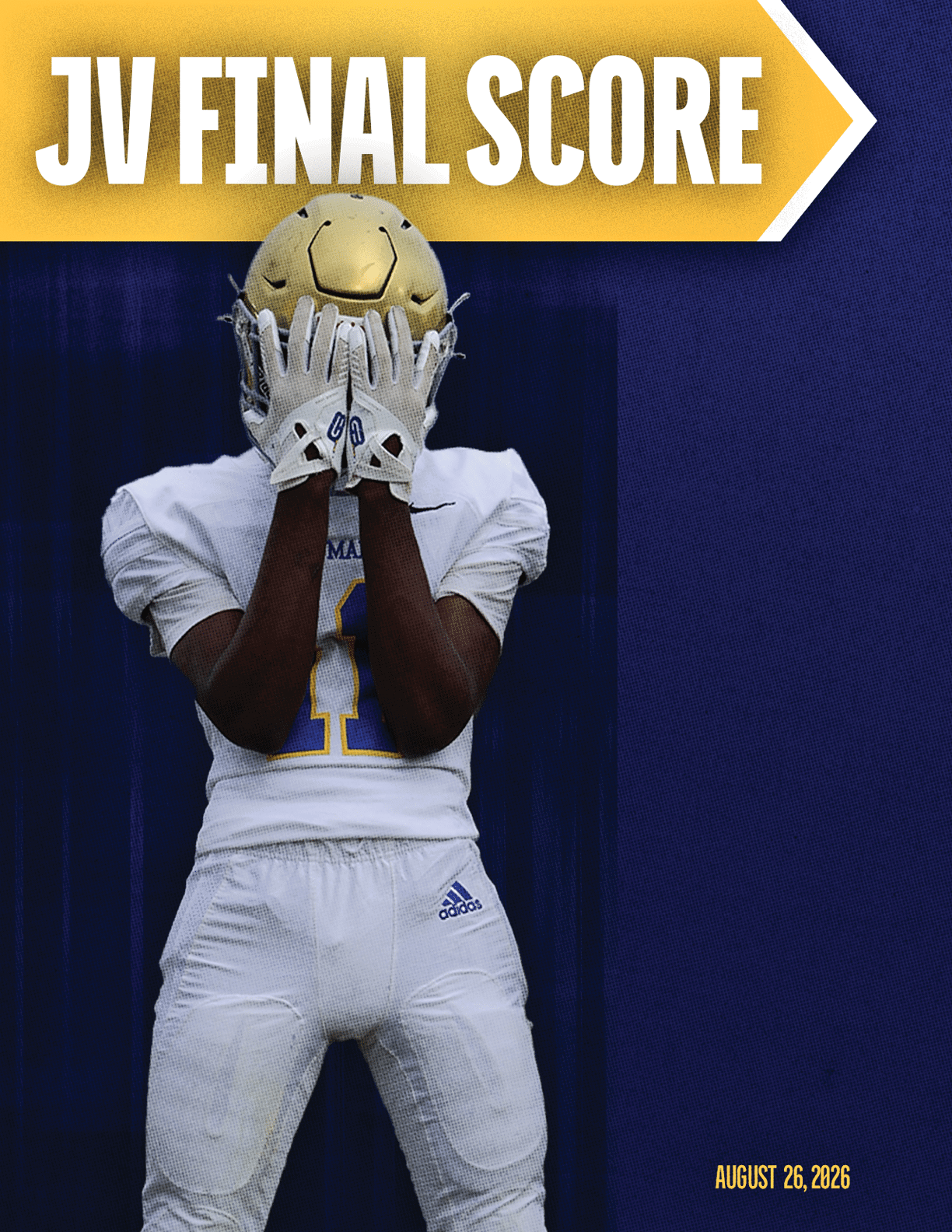 A football player with a white helmet and blue jersey. Description generated by AI