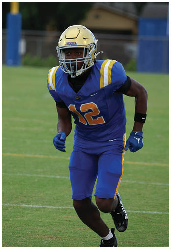 A football player running on the field. Description generated by AI