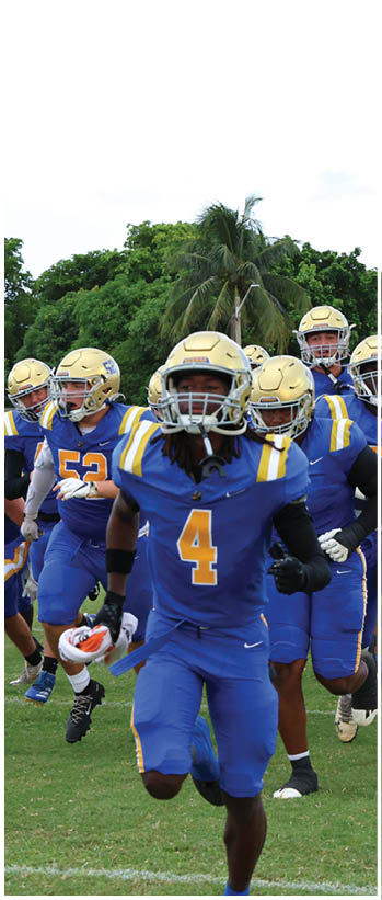 A football player running on the field. Description generated by AI