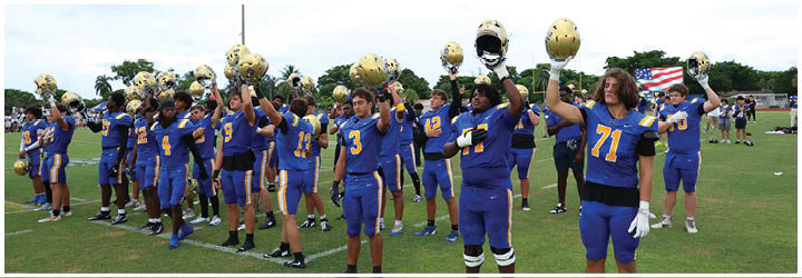 A group of football players on a field. Description generated by AI