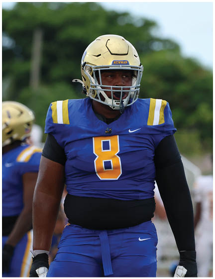 A football player wearing a blue and white uniform. Description generated by AI