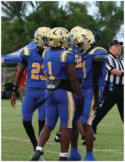 A football player wearing a blue and white uniform. Description generated by AI