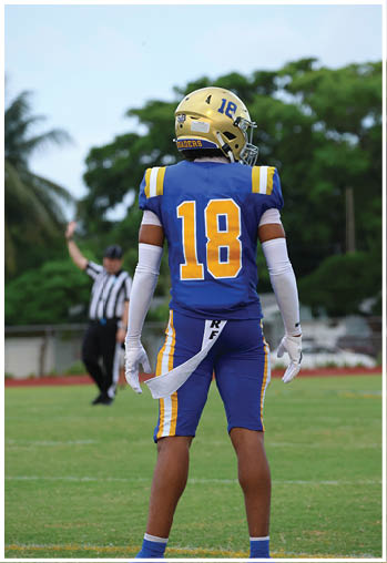 A football player running on the field. Description generated by AI