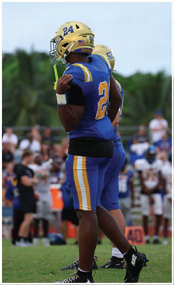 A football player running on the field. Description generated by AI
