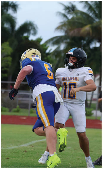 A football player running on the field. Description generated by AI