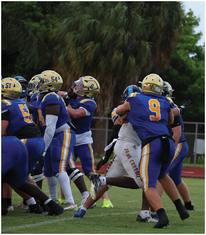 A group of football players wearing black and white uniforms. Description generated by AI