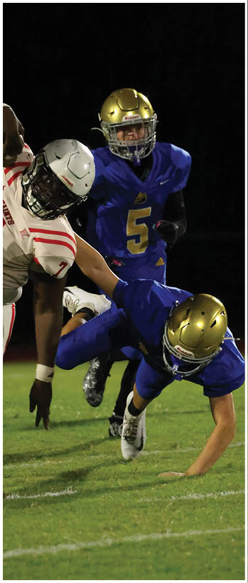 A football player running on the field. Description generated by AI