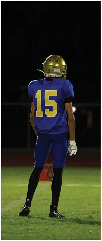 A football player running on the field. Description generated by AI