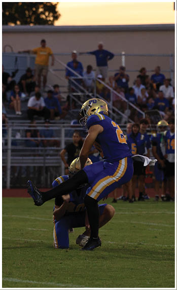 A football player running on the field. Description generated by AI