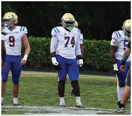 A football player wearing a blue and white uniform. Description generated by AI