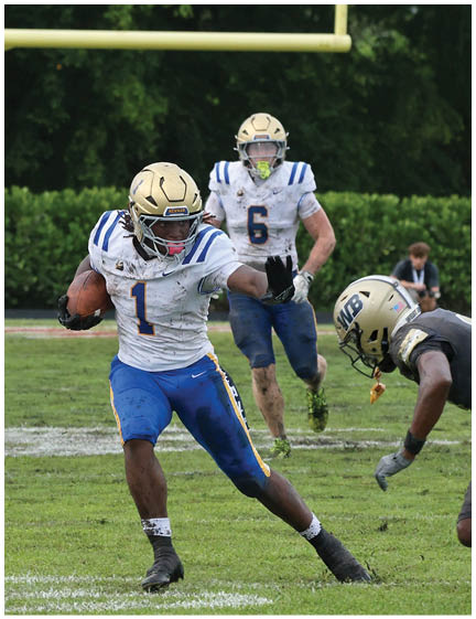 A football player wearing a blue and white uniform. Description generated by AI