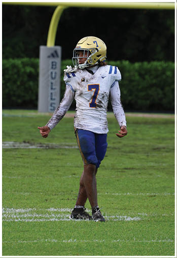 A football player running on the field. Description generated by AI