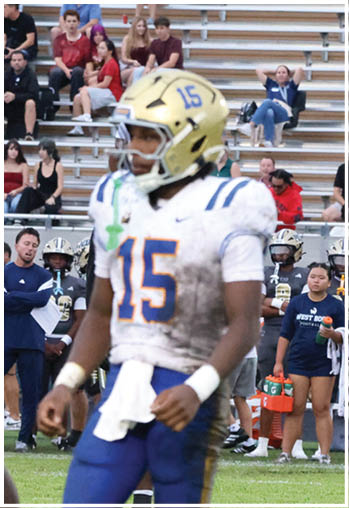 A football player running on the field. Description generated by AI