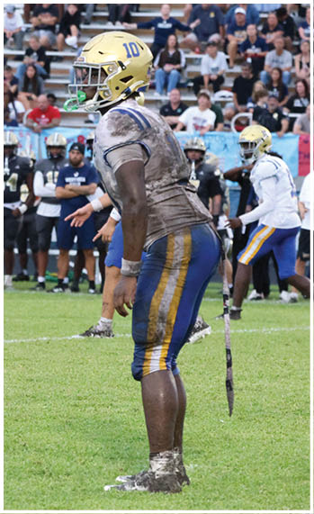 A football player running on the field. Description generated by AI