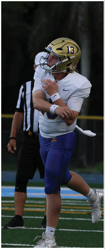 A football player running on the field. Description generated by AI