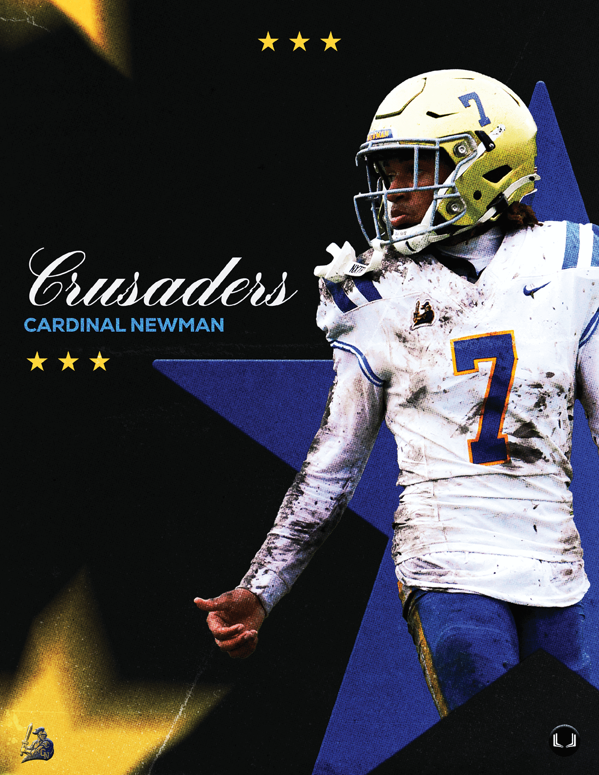 A football player wearing a blue and white uniform. Description generated by AI