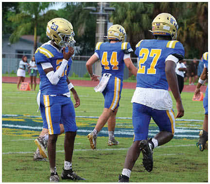 A group of football players huddled together on the field. Description generated by AI