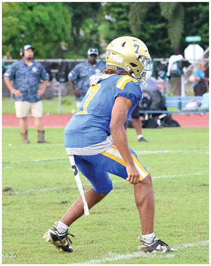 A football player wearing a blue and white uniform. Description generated by AI