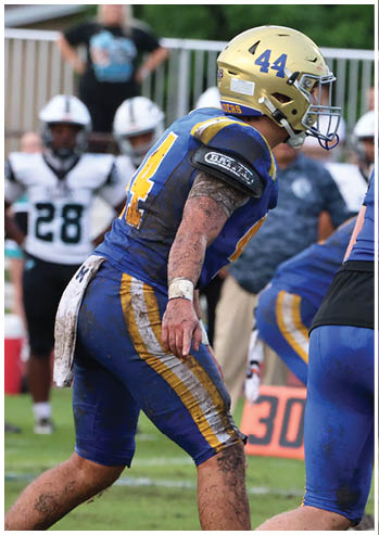 A football player running on the field. Description generated by AI