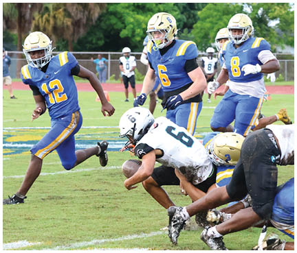 A football player wearing a blue and white uniform. Description generated by AI