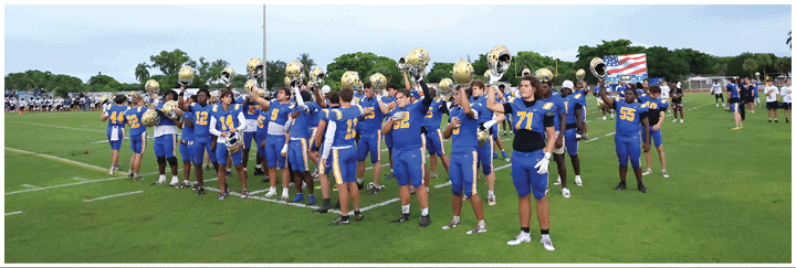 A group of football players on a field. Description generated by AI