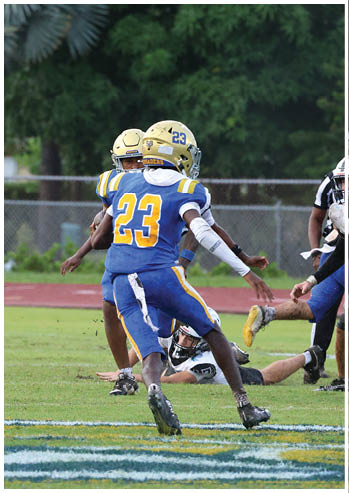 A football player running on the field. Description generated by AI