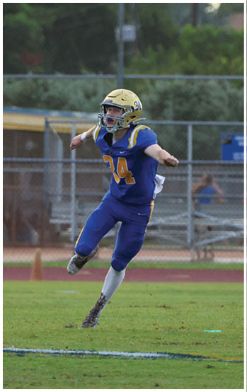 A football player running on the field. Description generated by AI