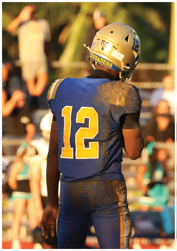 A football player running on the field. Description generated by AI