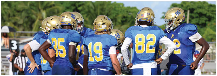 A group of football players on a field. Description generated by AI
