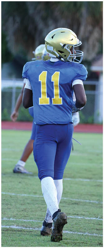 A football player running on the field. Description generated by AI