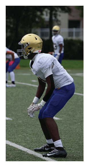 A football player is kneeling on the field, wearing a green jersey and a helmet. AI generated content