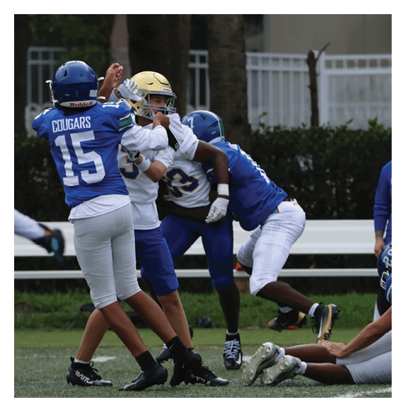 Two football players wearing Vista jerseys and holding hands. AI generated content