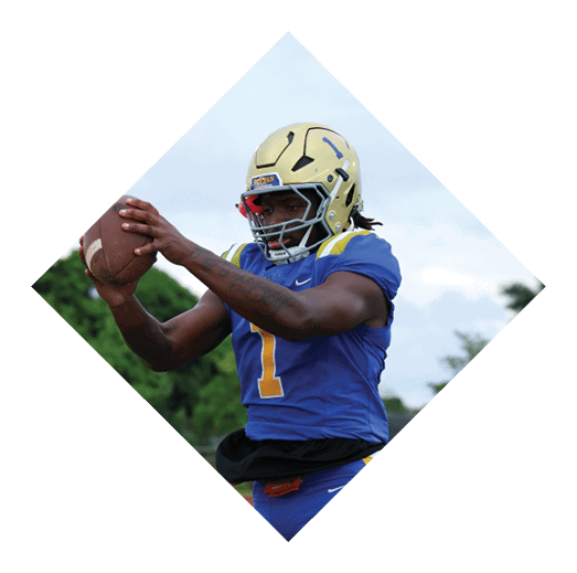 A football player wearing a black jersey with the number 16 on it is holding a football. AI generated content
