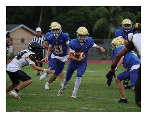 A man wearing a football uniform is jumping to catch a football. AI generated content