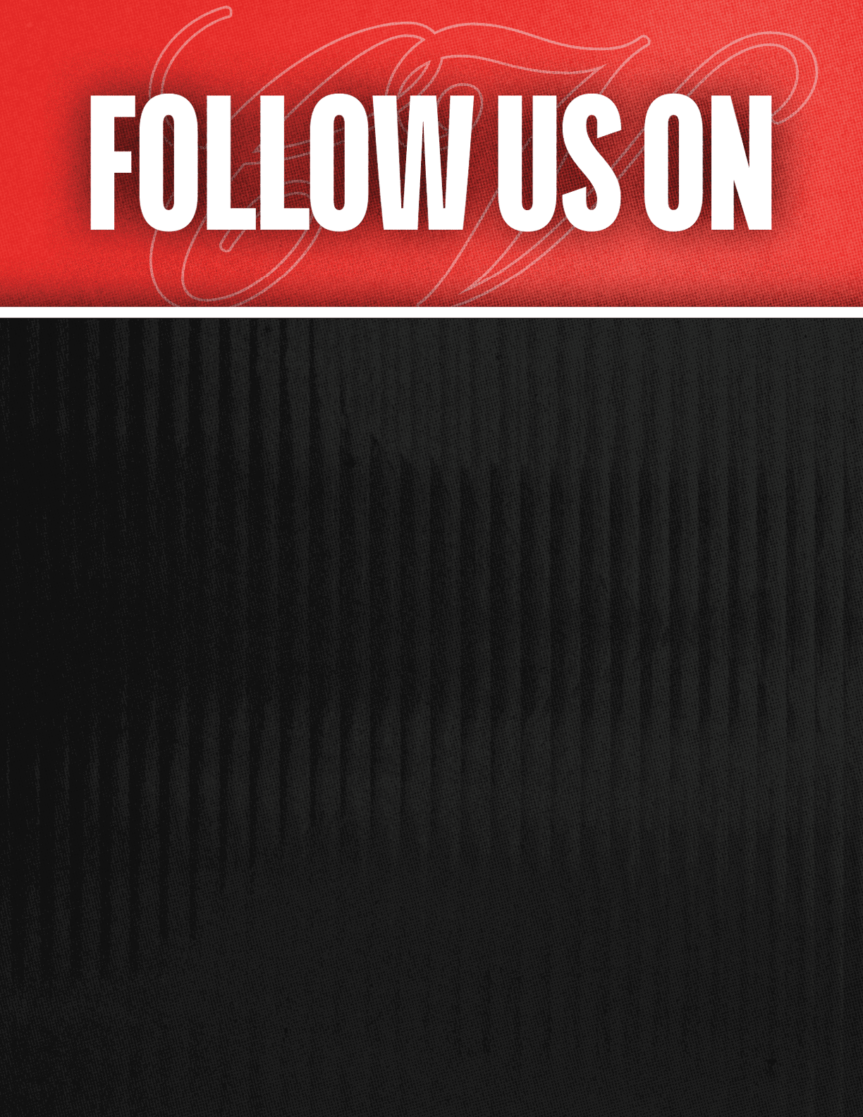 A black and red sign that says Follow Us On. Description generated by AI