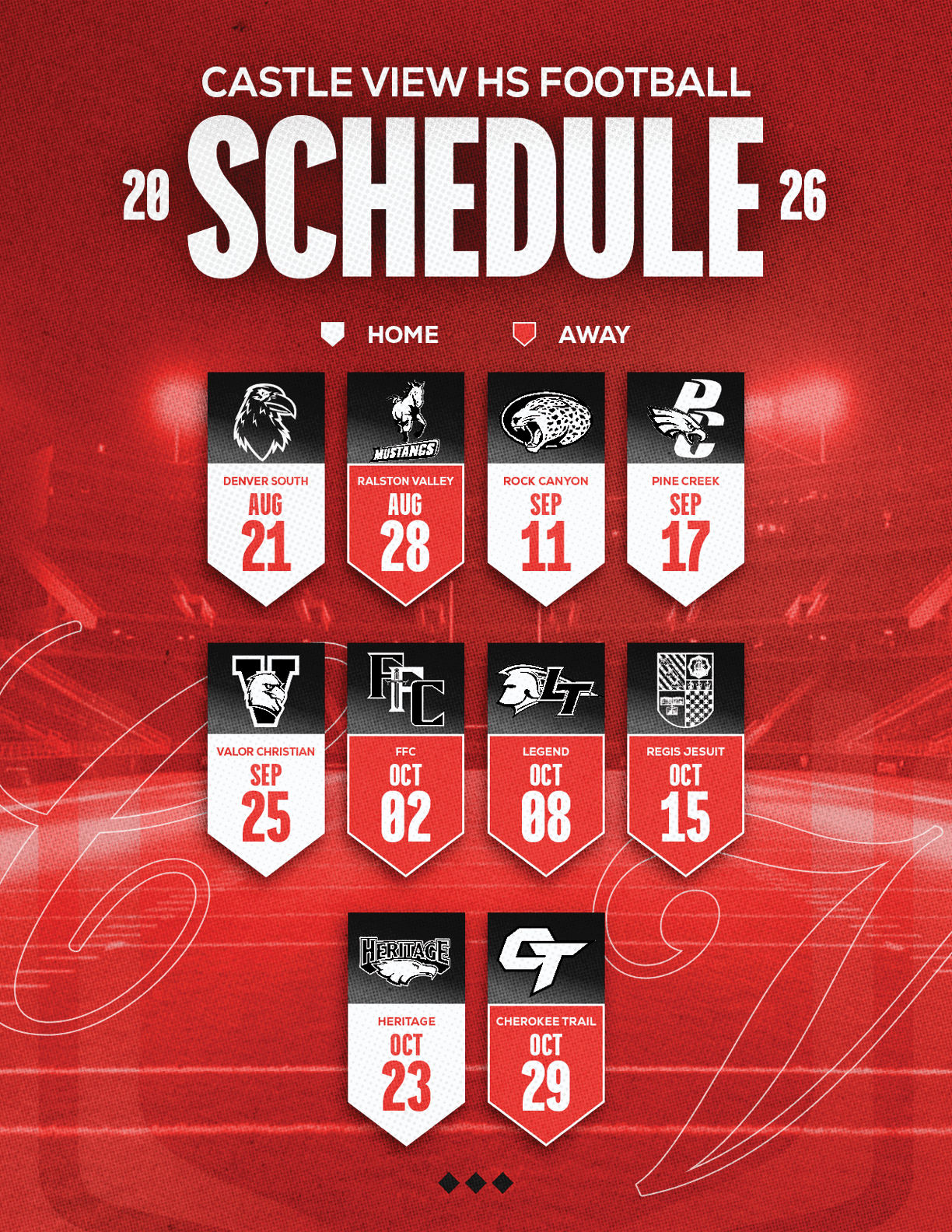Castle View High School football schedule for 2026 displayed on a red background with dates and icons indicating home and away games. Description generated by AI