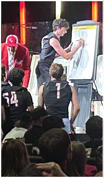 A group of people wearing sports jerseys are gathered around two individuals, one in a red jacket and cap and the other writing on a large pad, in what appears to be a team meeting or strategy session. Description generated by AI