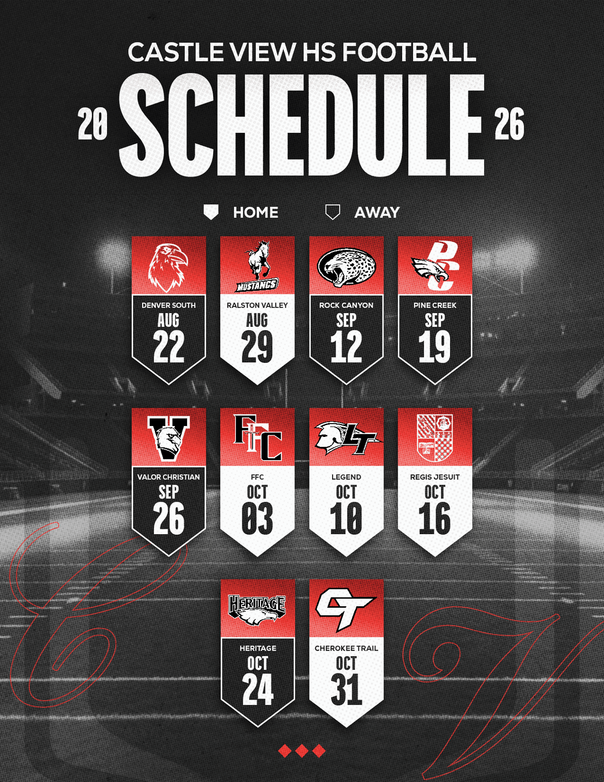 Castle View High School football schedule for 2026 showing home and away games with team logos and dates on a dark background. Description generated by AI