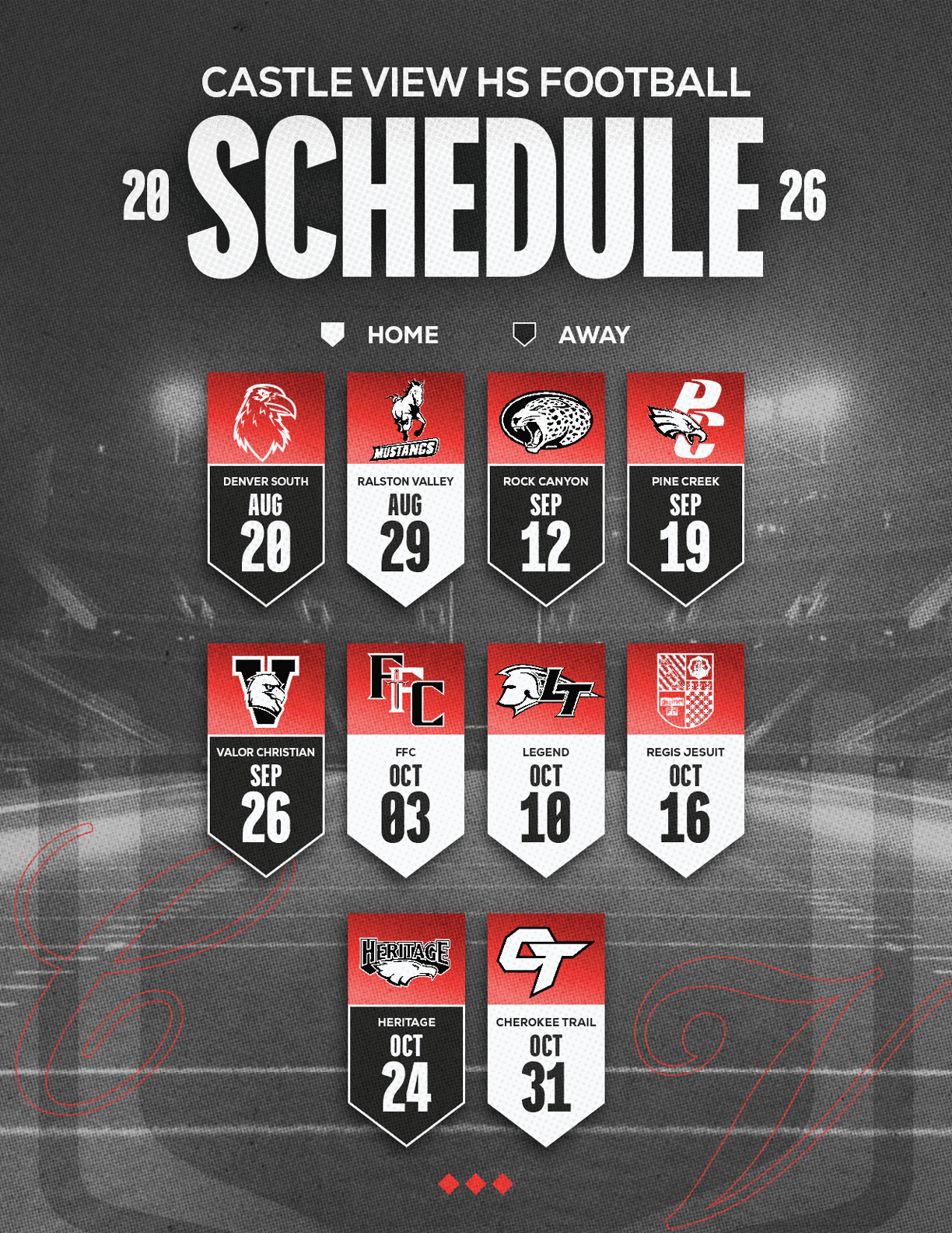 Castle View High School football schedule for 2026 showing home and away games with team logos and dates on a dark textured background. Description generated by AI