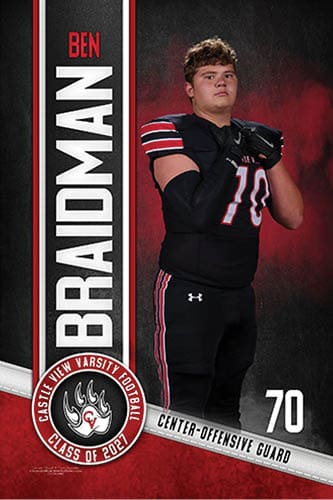 A person in a black football uniform with red and white stripes stands confidently with arms crossed against a dark red and black background, with text indicating the name Ben Braidman, position center-offensive guard, and class of 2027. Description generated by AI