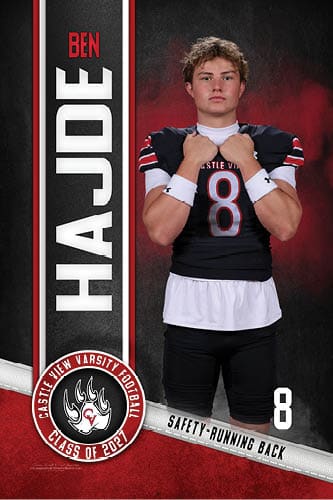 A person wearing a black football uniform with the number 8 stands with arms crossed in front of a red and black background with the name Ben Hajde and Castle View Varsity Football Class of 2023 text. Description generated by AI