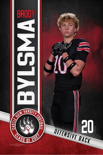 A person in a black football uniform with red and white stripes poses with clenched fists in front of a dark red and black background with text indicating the name Brody Bylsma, number 20, and Castle View Varsity Football Class of 2023. Description generated by AI
