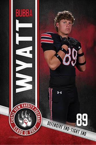 A person wearing a black football uniform with the number 89 stands confidently against a dark background with red accents, next to a vertical banner reading “Bubba Wyatt" and a circular emblem for Castle View Varsity Football Class of 2027. Description generated by AI