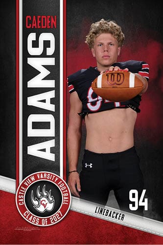 An adult with curly hair wearing a cropped football jersey and black pants holds a football forward while standing against a dark red and black background with the name Caeden Adams, the number 94, and Castle View Varsity Football Class of 2021 text. Description generated by AI