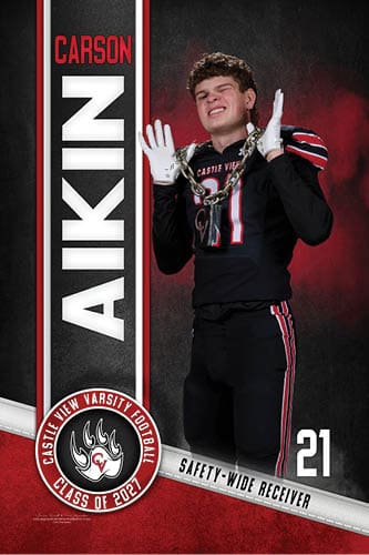 A person in a black football uniform with red and white stripes poses with a chain around their neck and a confident expression against a dark background with red accents. Description generated by AI