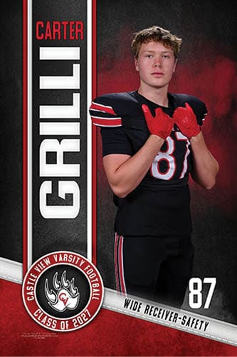 A person wearing a black football uniform with red and white stripes and red gloves poses with hands near the chest against a dark background with red accents, accompanied by text displaying the name Carter Grilli, the number 87, and the label wide receiver-safety. Description generated by AI