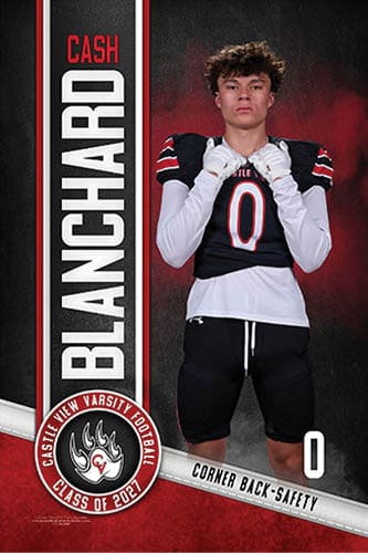 A person wearing a black and white football uniform with the number zero stands with clenched fists near the chest against a dark red and black background with the name Blanchard and the word Cash displayed vertically. Description generated by AI