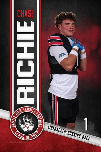 A person in a football uniform poses confidently with arms crossed in front of a dark red and black background with text indicating the name Chase Richie, position linebacker-running back, and Castle View Varsity Football Class of 2021. Description generated by AI