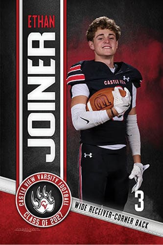 A person in a black football uniform with white arm sleeves is holding a football and smiling against a dark red and black background with text indicating the name Ethan Joiner, wide receiver-corner back, and Castle View Varsity Football Class of 2023. Description generated by AI