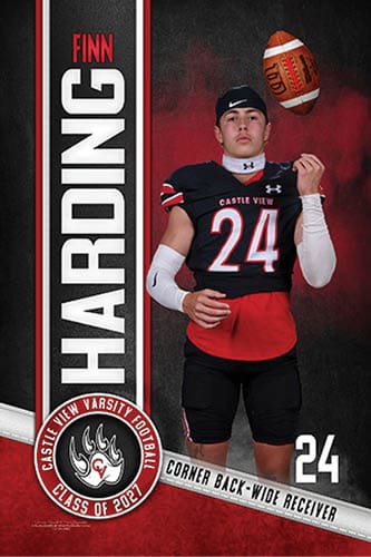 A person in a football uniform with the number 24 is tossing a football in the air next to a vertical banner displaying the name Harding and a Castle View Varsity Football logo. Description generated by AI